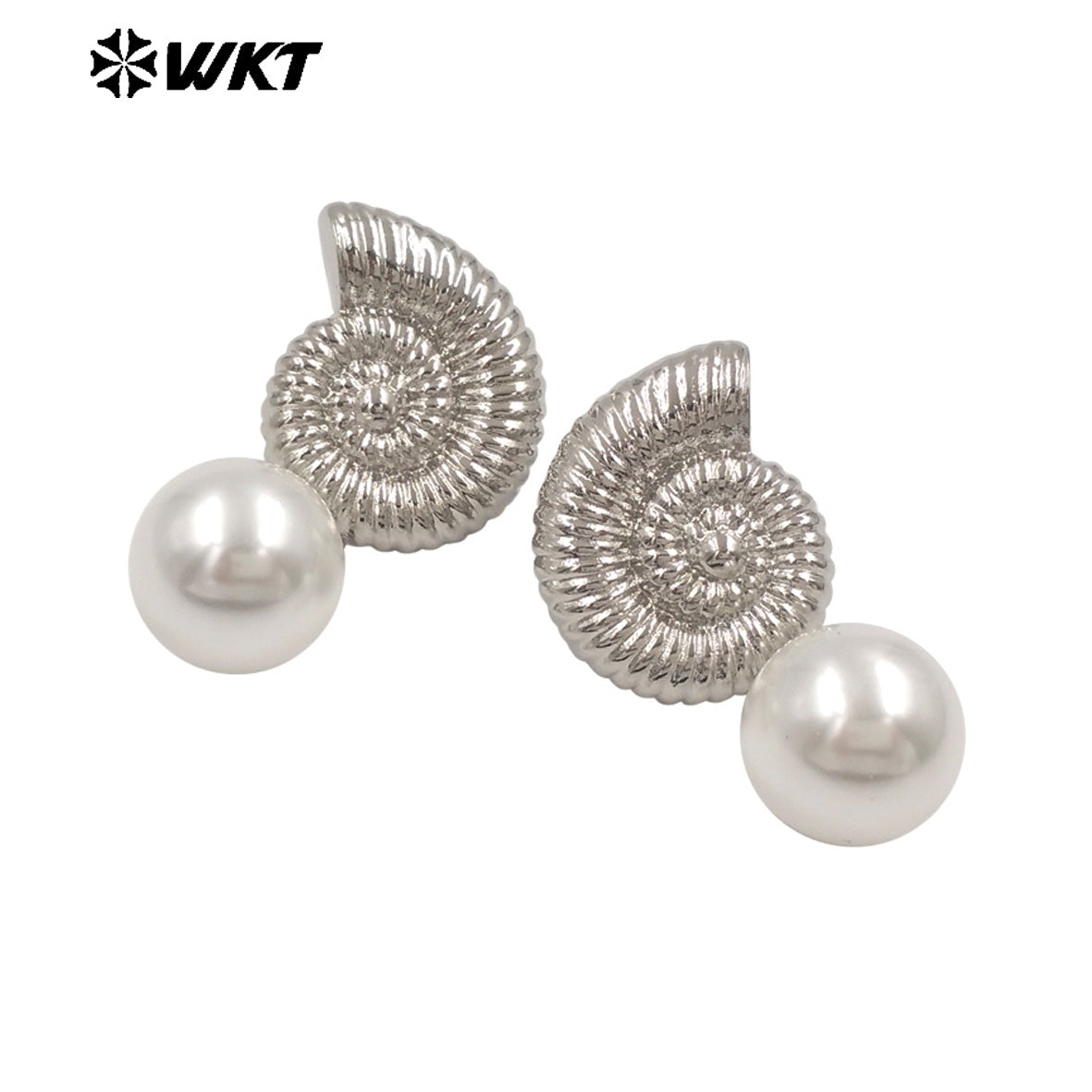 WT-ME132 Fashion Gold And Silver Plated Shell Shape Double Designs Brass With Artificial Pearl Earrings For Women Daily Wearing