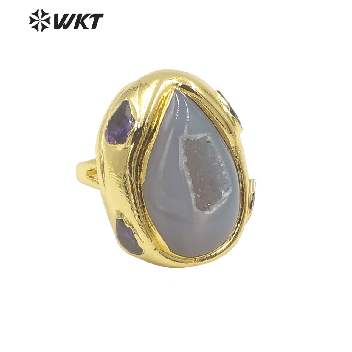 WT-R500 Gorgeous 18K Gold Plated Natural Druzy Geode Agate Teardrop Fashion Designer Unique Grey Stone Jewelry Ring