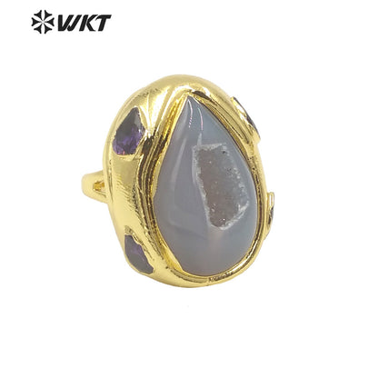 WT-R500 Gorgeous 18K Gold Plated Natural Druzy Geode Agate Teardrop Fashion Designer Unique Grey Stone Jewelry Ring