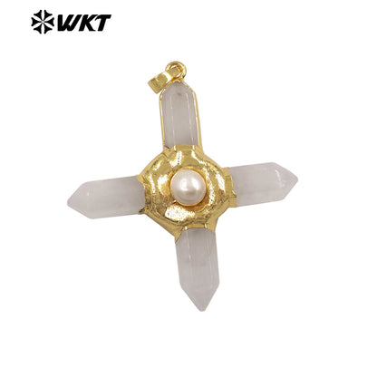 WT-P1967 Wholesale Fashion Gold Plated Cross Healing Energy Gemstone Point Anchor Pendants Special Rose Quartz Jewelry