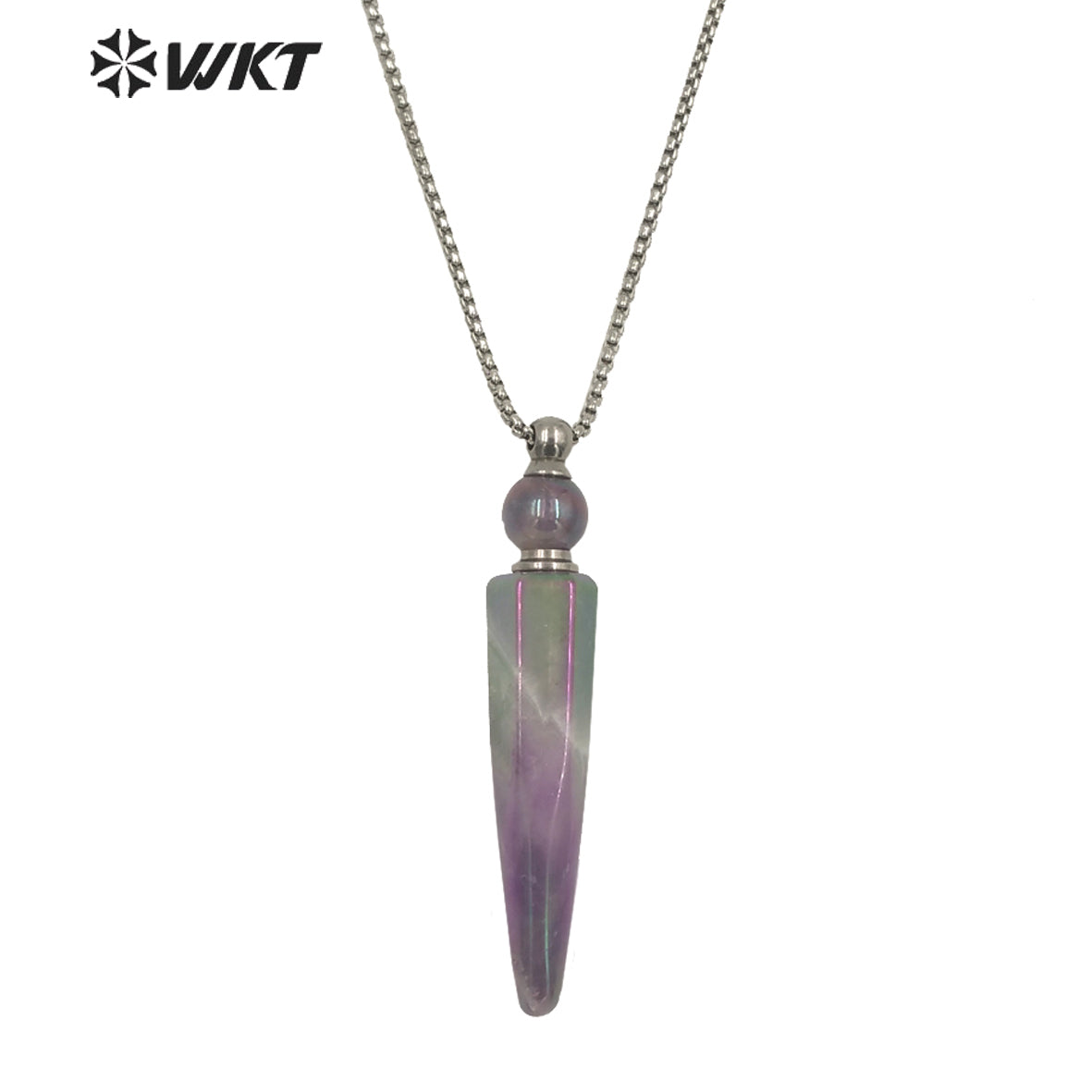 WT-N1282 Wholesale Long Bullet Shape Aura Amethyst Essencial Oil Necklace Lady Natural Stone Perfume Bottle Necklace
