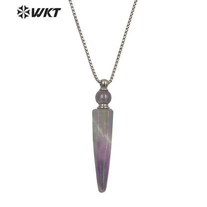 WT-N1282 Wholesale Long Bullet Shape Aura Amethyst Essencial Oil Necklace Lady Natural Stone Perfume Bottle Necklace