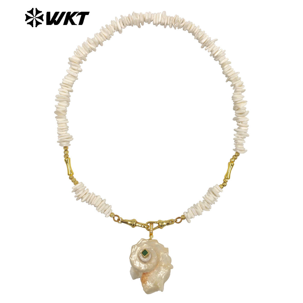 WT-JN378 Amazing Crushed Stone Splicing Brass Chain With Natural Trumpet Shell Pendant Necklace For Lady Vacation Style Jewelry