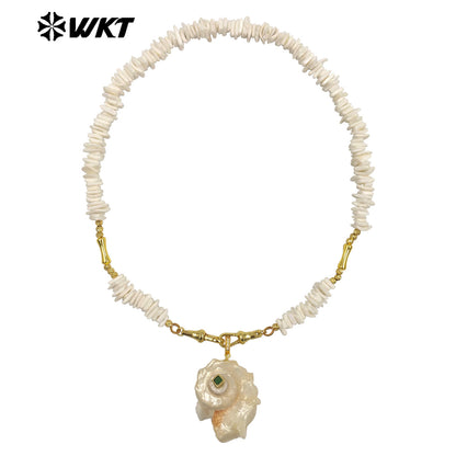 WT-JN378 Amazing Crushed Stone Splicing Brass Chain With Natural Trumpet Shell Pendant Necklace For Lady Vacation Style Jewelry