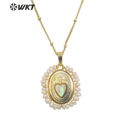 WT-JN155 Fashion 18K REAL Gold Plated Saint Mary Heart Shell Pendant Necklace WKT Hot Gold Bezel Shell Angel Heart Necklace