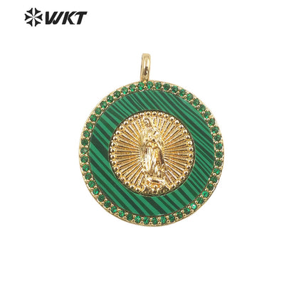 WT-MP272 Newest Vintage Style Ball Shaped Natural Malachite Stone &Cubic Zircon Madonna Design Pendant