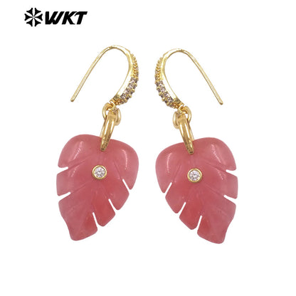 WT-E829 Wholesale Popular Zircon And Colorful Natural Gemstones Carved Leaf Shape Gold Earrings For Women Lovely Jewelry