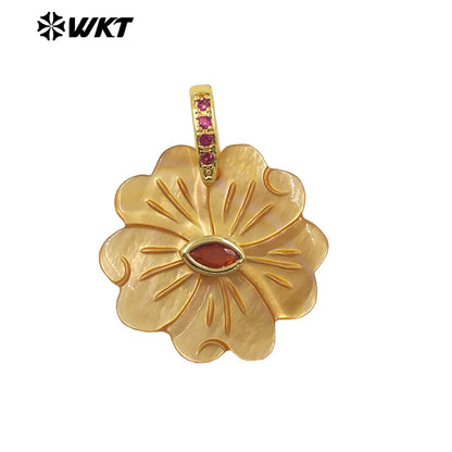 WT-JP485 Exquisite Corolful Zircon And White Shell Carved Flower Shape Gold Pendants For Lady Beautiful Earrings DIY Design