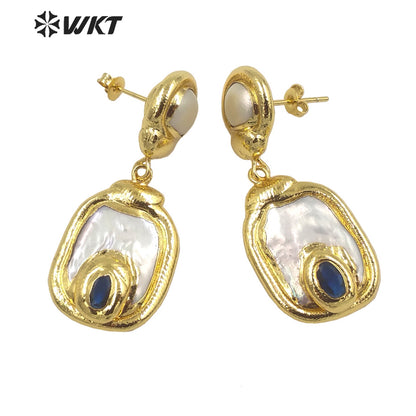 WT-MPE113 European and American Retro Exaggerated Inlaid with Natural Freshwater Pearl Pendant Earrings