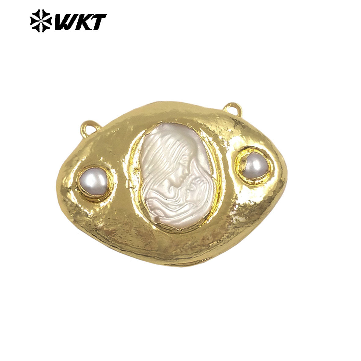 WT-PC020 Newest Gold Electroplated Mother Of Pearl Religious Patterns Charms Connector With Double Hoops For Necklace Handmade