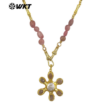 WT-JN379 Delicate Gold Plated Brass Splicing Beads Chain With Natural Stone And Pearl Flower Shape Pendants Necklaces As Gift