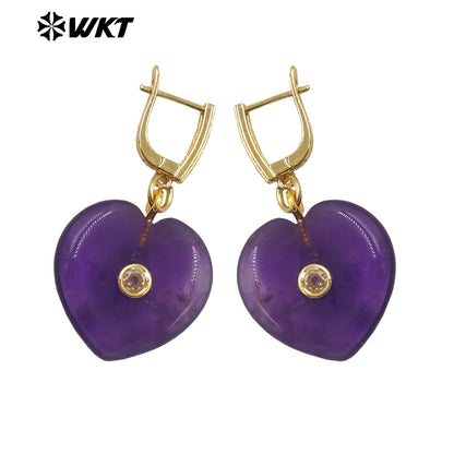 WT-E810 Romantic Style Gold Plated Zircon And Various Natural Gemstones Heart Shape Women Earrings For Cute Jewelry Decoration