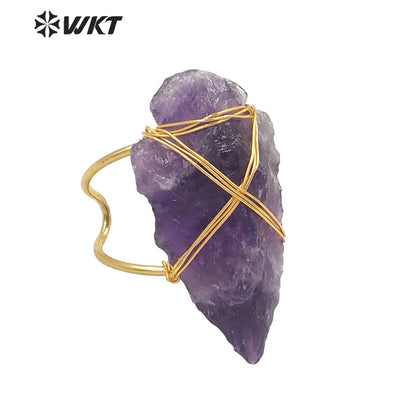 WT-R390 WKT 2022 Boho Style Women Wire Wrapped pink Quartz Arrowhead Ring for Women New Fashion Statement Ring Party
