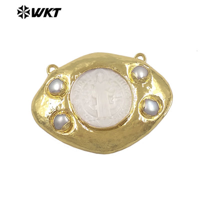 WT-PC022 High Quality Gold Plated Double Hoops Mother Of Pearl Religious Style Connector As Lady Handmade Jewelry Findings