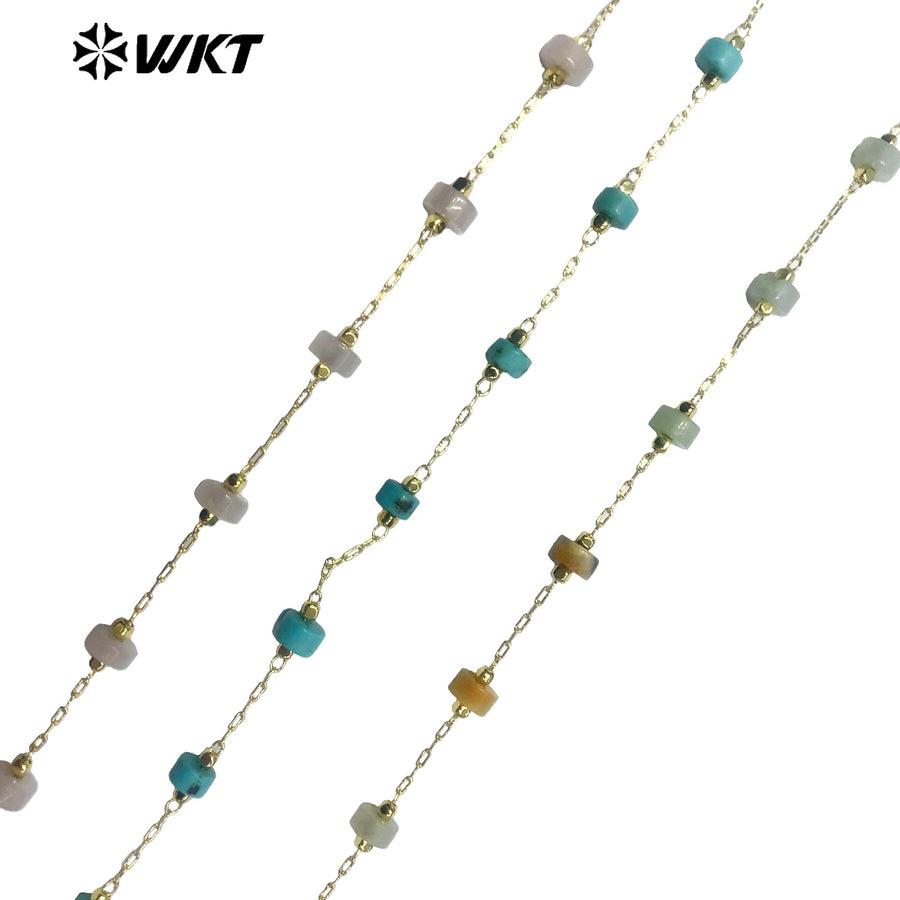 WT-RBC135 Fashion Accessory Stone Beads Chain 6mm Natural Stone Beads Rosary Necklace Chain Gold Plated Jewelry Beads Chain