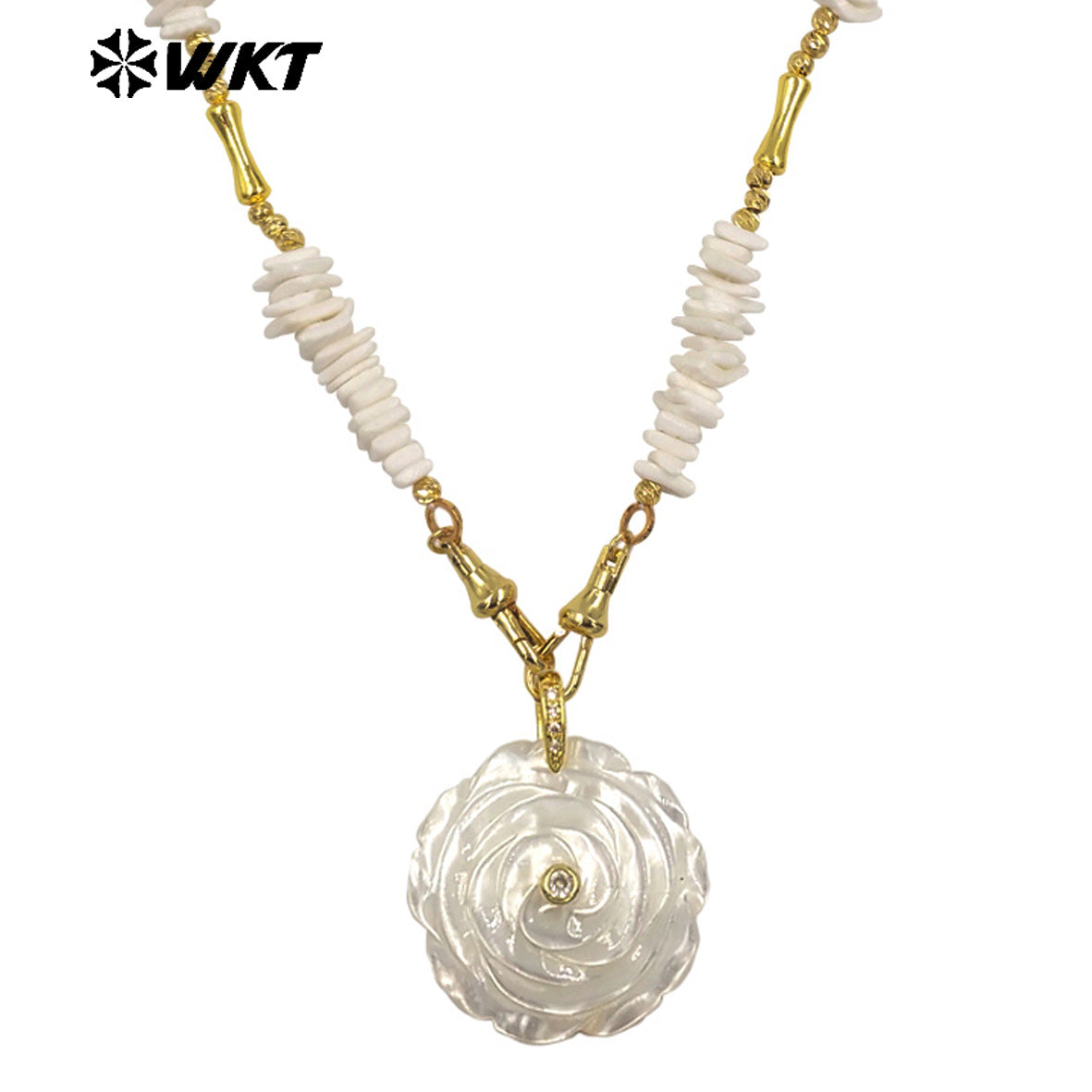 WT-JN380 Wonderful Crushed Stone Splicing Metal Chain With Natural Shell Zircon Flower Pendant Necklace For Fashion Matching