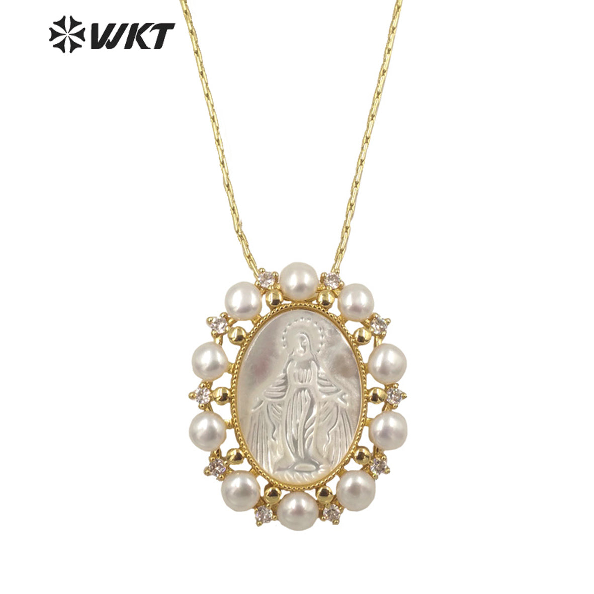 WT-JN164 WKT Wholesale Beautiful White Shell&pearl Nice Wedding Jewelry Necklace for Women Fashion Religious Mary Necklace