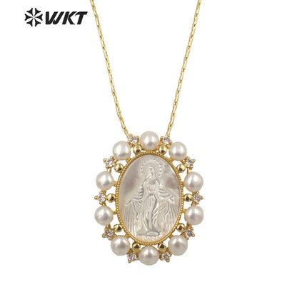 WT-JN164 WKT Wholesale Beautiful White Shell&pearl Nice Wedding Jewelry Necklace for Women Fashion Religious Mary Necklace