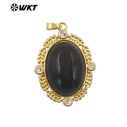 WT-P1985 Wholesale Fashion Gold Bezel Setting With Zircon Around Natural Oval Rose Quartz Stone Pendant for Necklace
