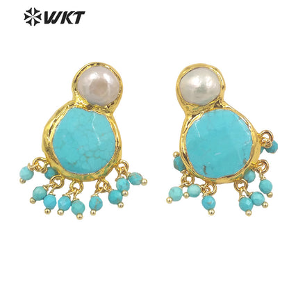WT-MPE117 Elegant Vintage Women 18K Gold Plated Round Faceted Turquoise With Dangling Tiny Beads Pearl Earring Studs