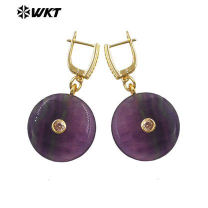 WT-E808 Lovely Gold Plated Natural Rainbow Fluorite Stone Heart Round Shape Earrings For Girlfriend Valentine's Day Gifts