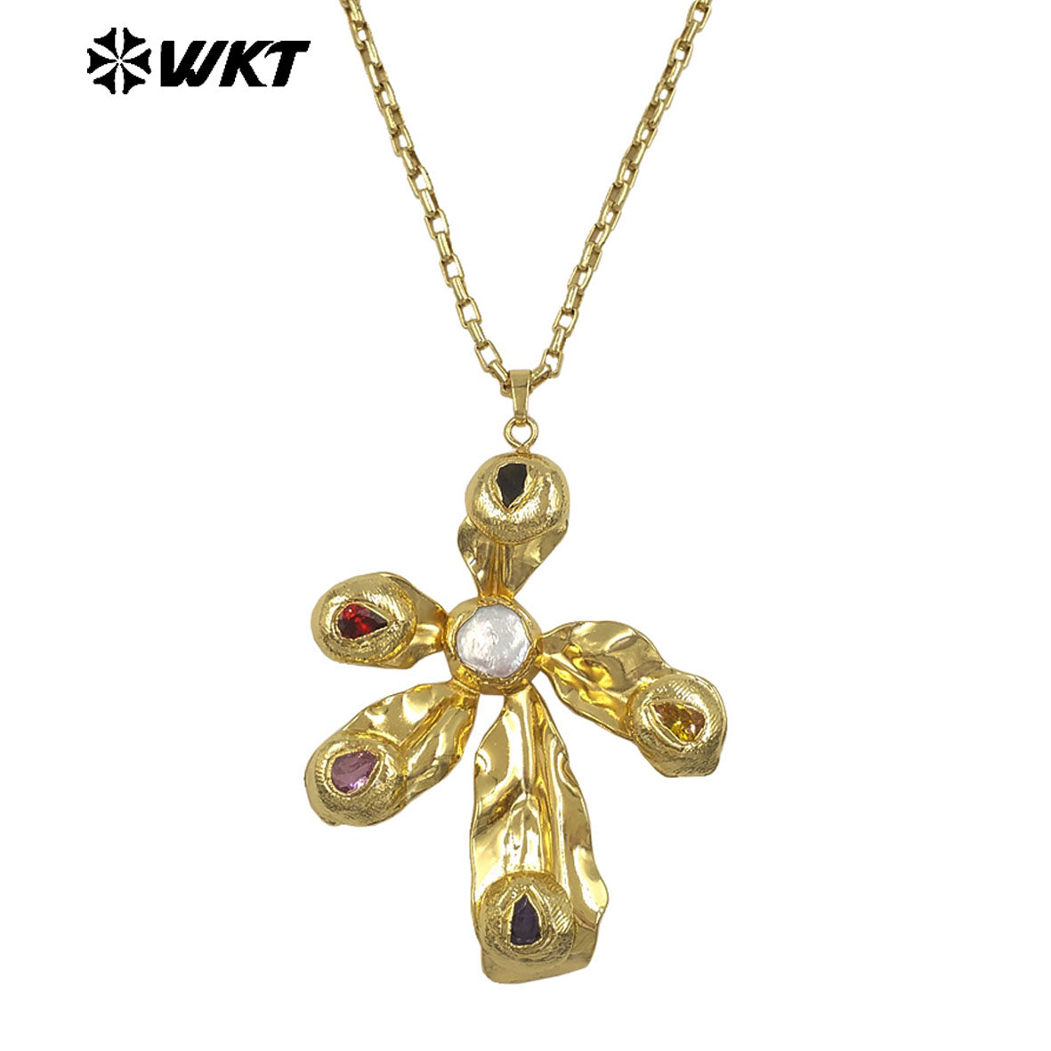 WT-JN361 Wholesale 18K Gold Plated Natural Freshwater Pearl And Zircon Windmill Shape Pendant Necklace For Women Fashion Match