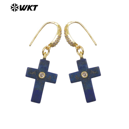 WT-E819 Popular Fashionable Zircon And Natural Gemstones Cross Design Gold Earrings As Female Wedding Matching Jewelry