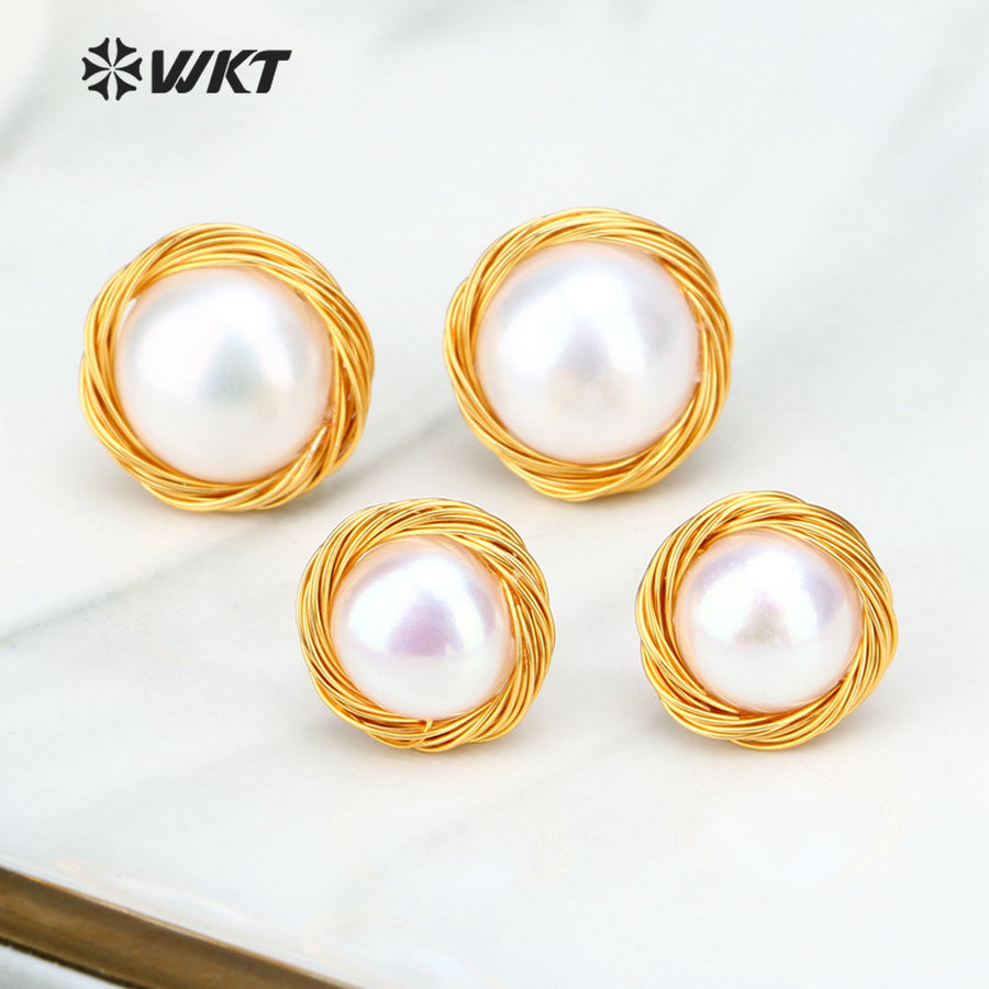 WT-E530 New Design Elegant and Beautiful Natural Freshwater Pearl Earring Wire Wrapped Natural Pearl Studs Round Pearl Earring