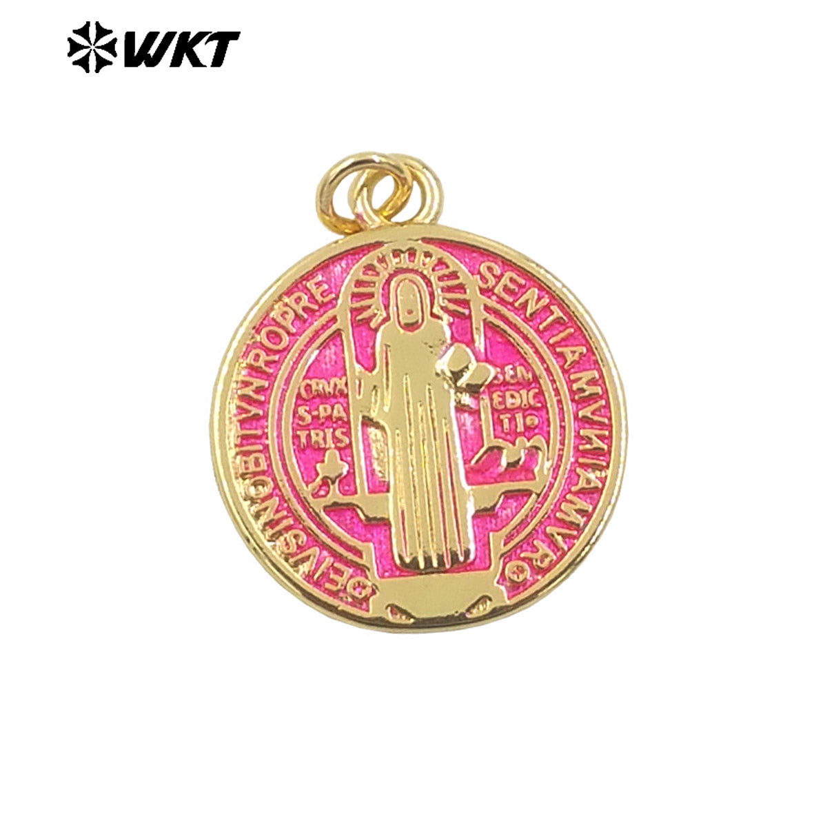 WT-MN992 Wholesale Fashion Gold Plated Round St Benedict Medal Religious Necklace in Drop Oil Craft