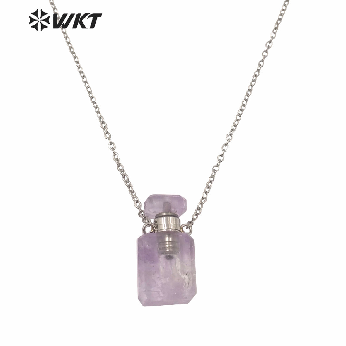 WT-N1240 WKT New Design Small Size Stainless Steel Chain Stone Bottle Necklace Mini square Steel France Perfume Bottle Necklace