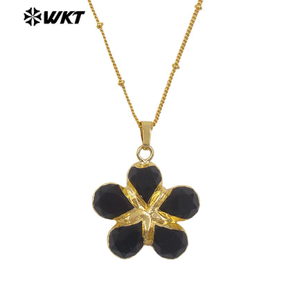 WT-N1497 New Fashion Beads Chain With Gold Plated Natural Gemstone Flowers Shape Pendant Necklace As Lady Birthday Gift