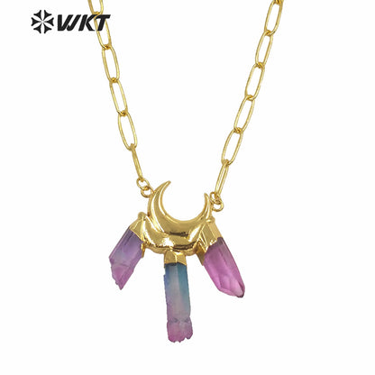 WT-N1251Wholesale New Rainbow Colorful Aura Quartz Statement Stone Necklace Fashion Triple Color Quartz Pendant Stone Necklace