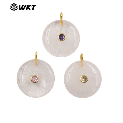 WT-P2086 Good Quality Amethyst Various Natural Gemstone And Zircon Round Gold Pendant For Simple Style Necklace Earring Making