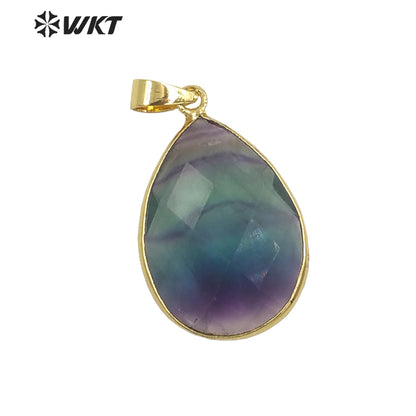 WT-P1896 WKT New Material Design 24MM Diamond Faceted Waterdrop Yellow Citrine Fluorite Stone Pendant for Earring Match