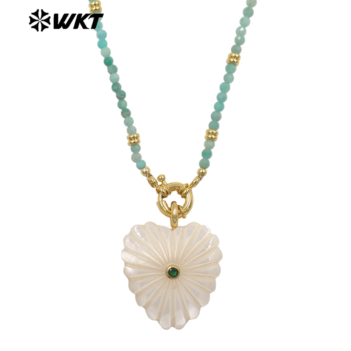 WT-JN404 Popular Fashion Style Natural Gemstone Beads Chain With White Shell Heart Pendants Necklaces For Girls Wearing