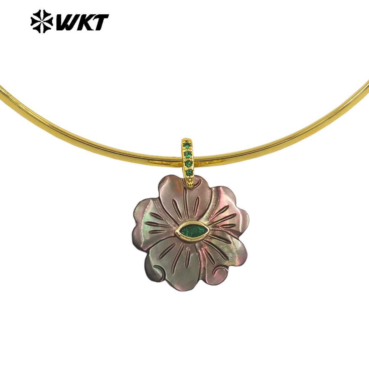 WT-JN390 Luxury Wonderful Zircon And White Shell Flower Shape Pendant Gold Necklaces Choker For Friends Birthday Gifts