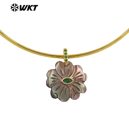 WT-JN390 Luxury Wonderful Zircon And White Shell Flower Shape Pendant Gold Necklaces Choker For Friends Birthday Gifts