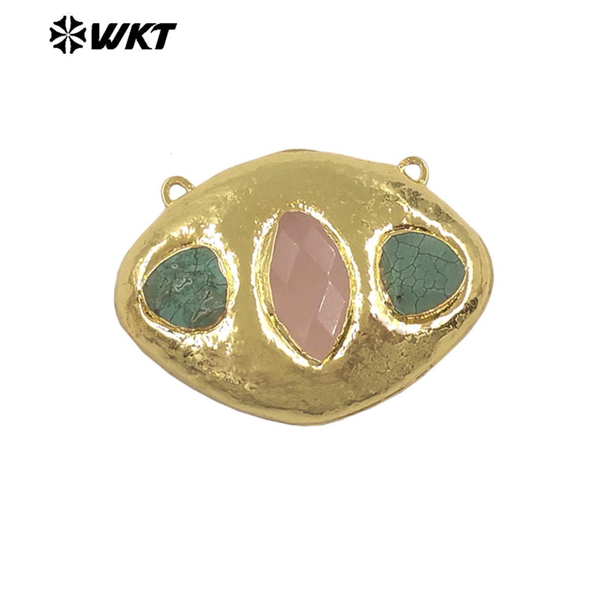WT-C338 Wholesale Gold Electroplated Three Natural Gemstones Oval Charms Connectors With Double Hoops For Bracelets DIY Design