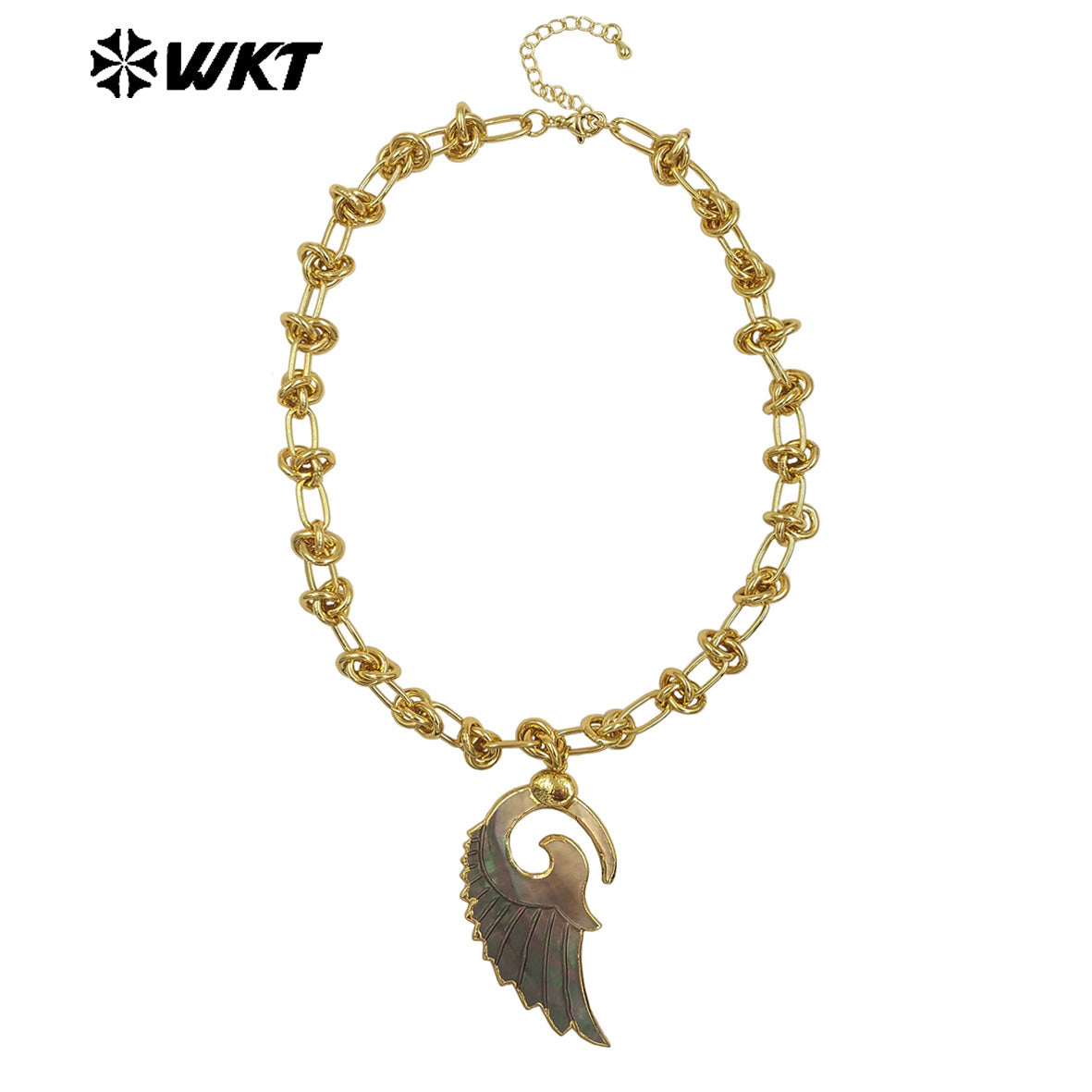 WT-JN319 New Arrival Gold Plated Carved White Shell Wing Necklace with Special Chain As Women Jewelry Accessory