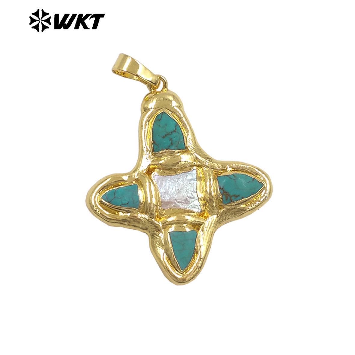 WT-P2036 Popular Sale Gold Electroplated Natural Turquoise And Pearl Pointed Cross Pendants As Handmade Necklace Accessory