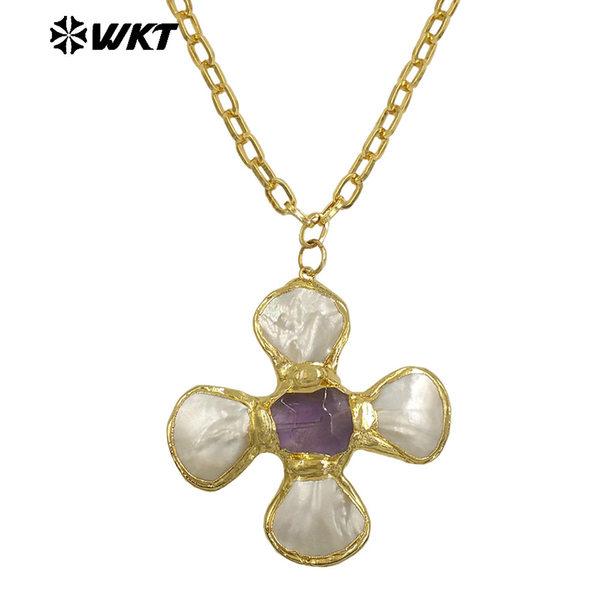 WT-JN346 Popular 18K Gold Plated Natural Turquoise Amethyst Stones And Shell Flower Shape Pendant Necklace As Party Jewelry