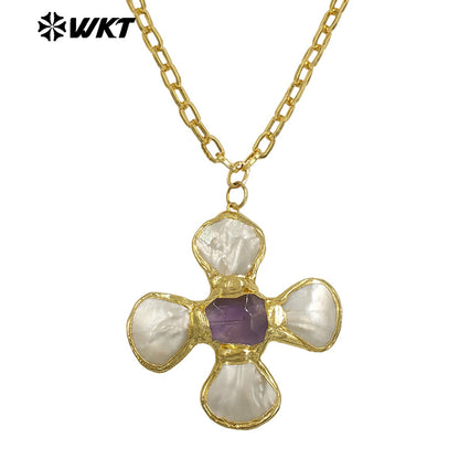 WT-JN346 Popular 18K Gold Plated Natural Turquoise Amethyst Stones And Shell Flower Shape Pendant Necklace As Party Jewelry