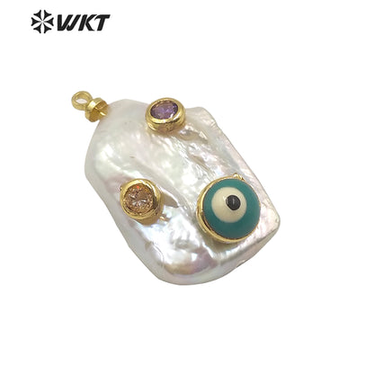 MP141 Hot Sales Natural Freshwater Pearl Pendant Long Rectangle White Pearl Pendant With CZ Charms for Necklace