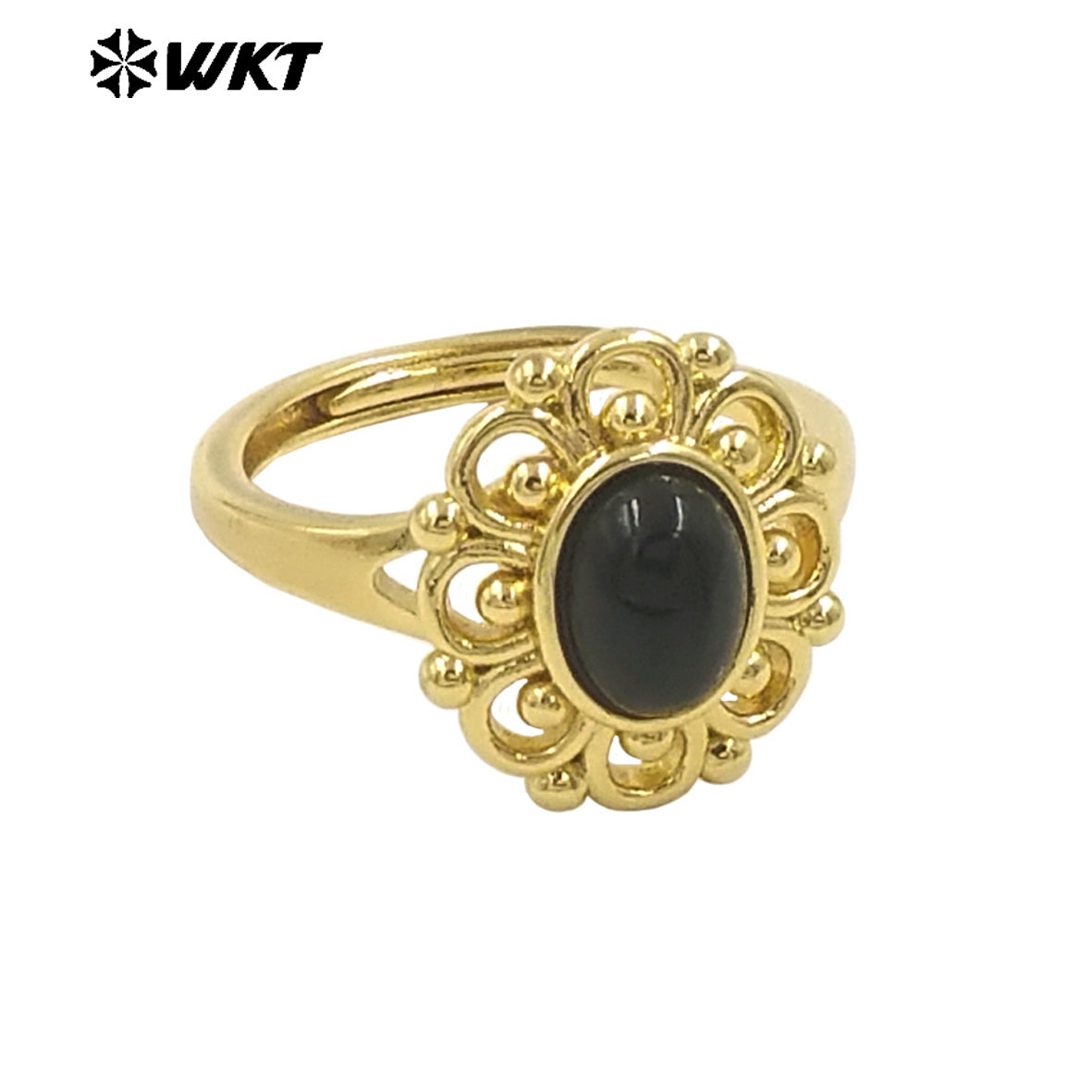 WT-R537 Wholesale Fashion 18K Real Gold Plated Round Hollow Flower Shape Design Natural Stone Ring for Women