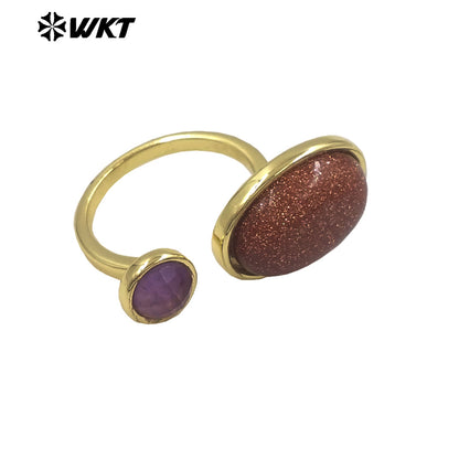 WT-R588 Wholesale Trendy Gold Electroplated Double Natural Gemstones Adjustable Rings As Lady Daily Decoration Jewelry