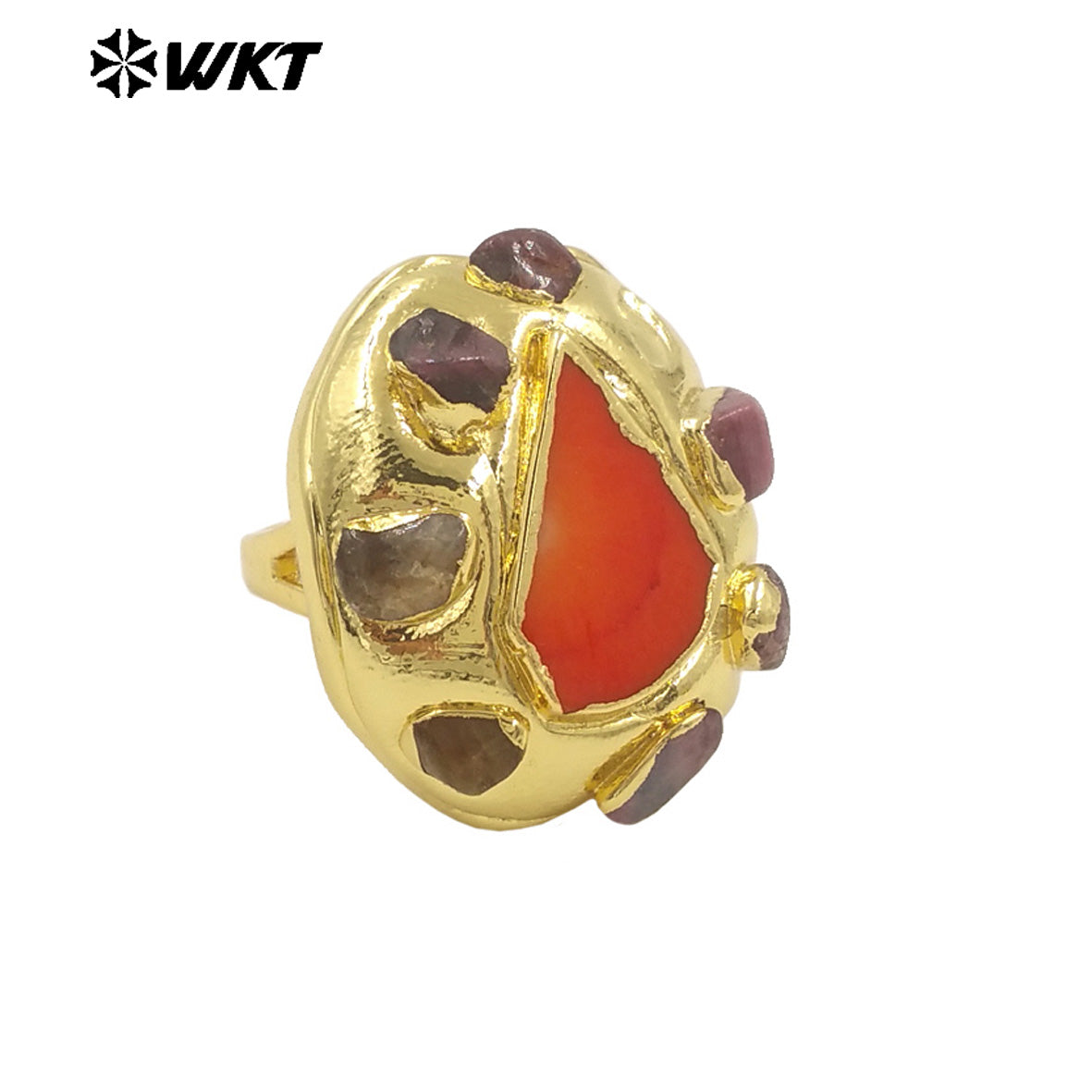 WT-MPR114 Popular 18K Gold Plated Triangle Red Coral and Tourmaline Adjustable Unisex Ring for Friends As Birthday Present