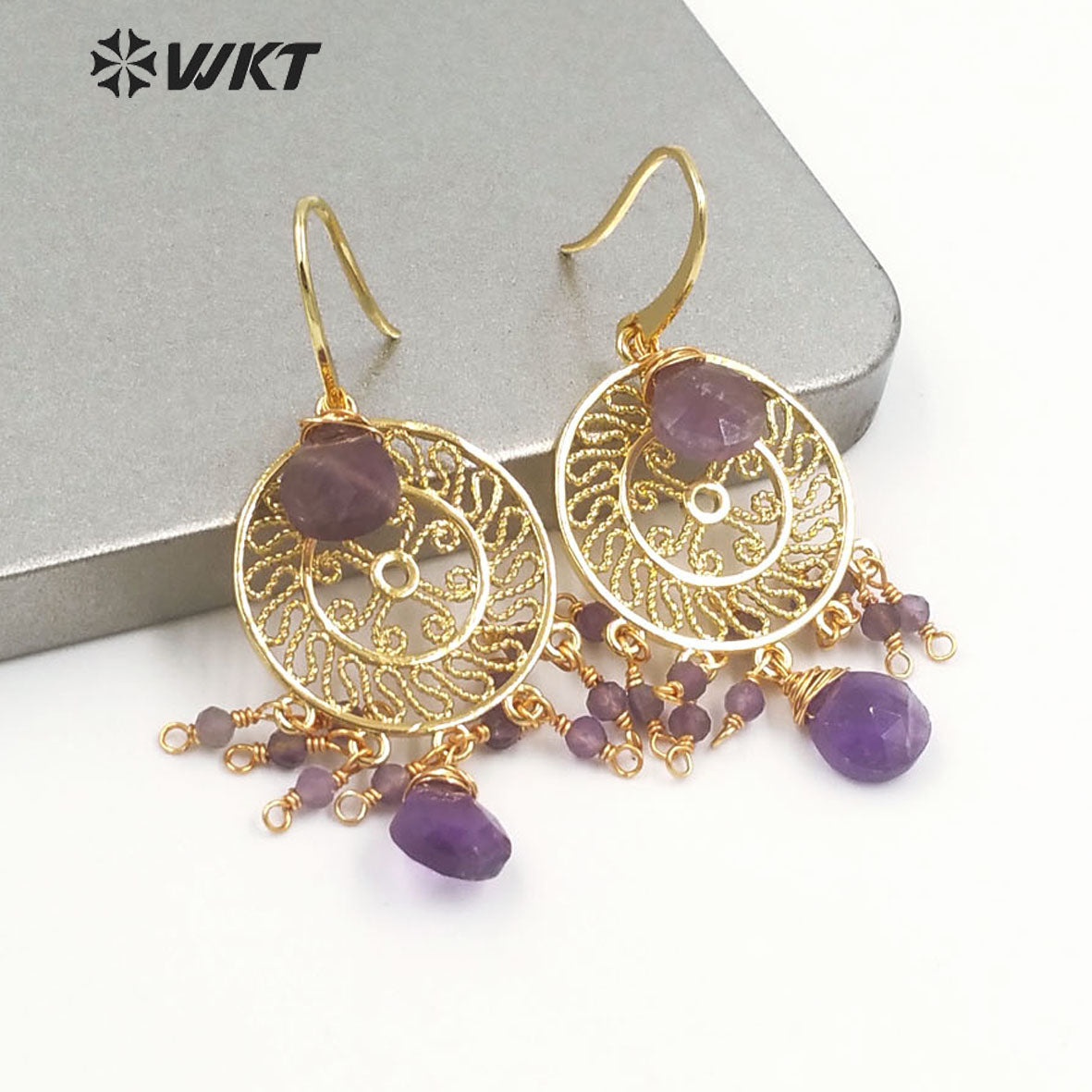 WT-E695 Bohemia Fashion Gold Gypsy Earrings with Natural Gemstone Made Dangle Earrings Handmade DIY Stone Hoop Earrings