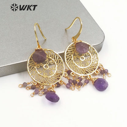 WT-E695 Bohemia Fashion Gold Gypsy Earrings with Natural Gemstone Made Dangle Earrings Handmade DIY Stone Hoop Earrings