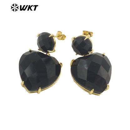 WT-E719 First Choice Hot Natural Gemstone Carved Heart Earrings for Lovers 18k Gold Plated Lapis Amethyst Stone Anniversary Stud