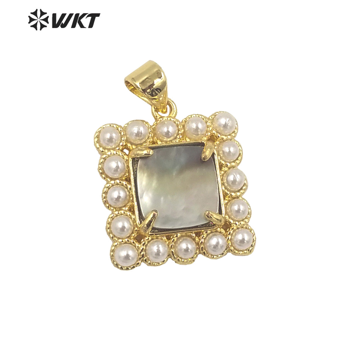 WT-JP356 Unique Gold Claw Setting Natural Square Abalone Shell Pendants With Artificial Pearl Charming Jewelry Pendants